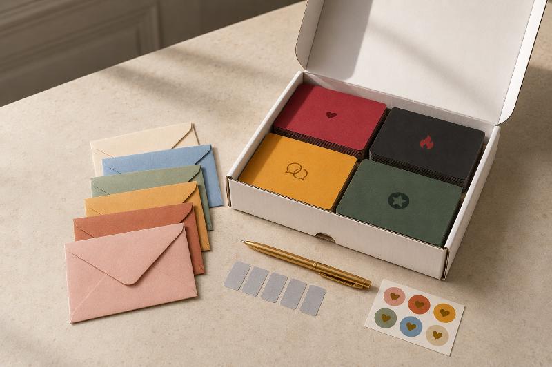 Pakket met kaartjes, enveloppen, twee gelpennen en stickers